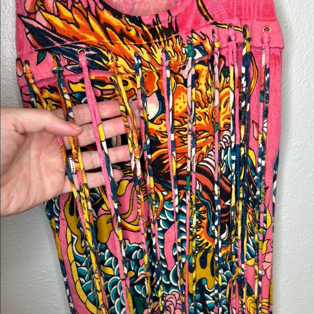 Christian Audigier Pink Tank Sweater Dress w Graphic Design Fringe‎ Y2K - Picture 8 of 17